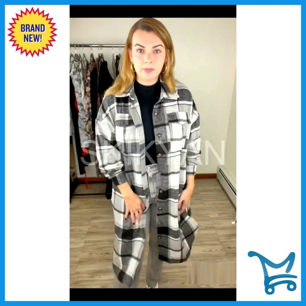 Oversized Flannel Shacket Jacket Long Sleeve Button Down with Pockets - Picture 6 of 6